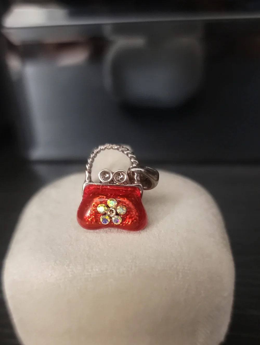 Red Enamel Purse Charm Pendant with Crystal Flower Accents